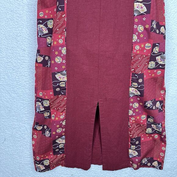 Island Attitudes L Red Patchwork Dress Fans Parasol Flora Linen Cotton Hawaii - Picture 11 of 12